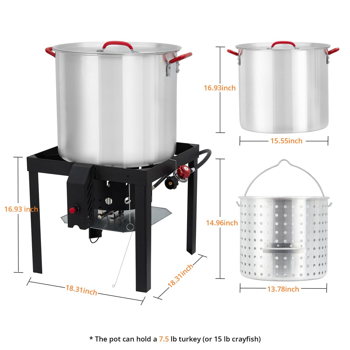 60QT Aluminum Seafood Boil Pot with Strainer Basket and Propane Burner O568660