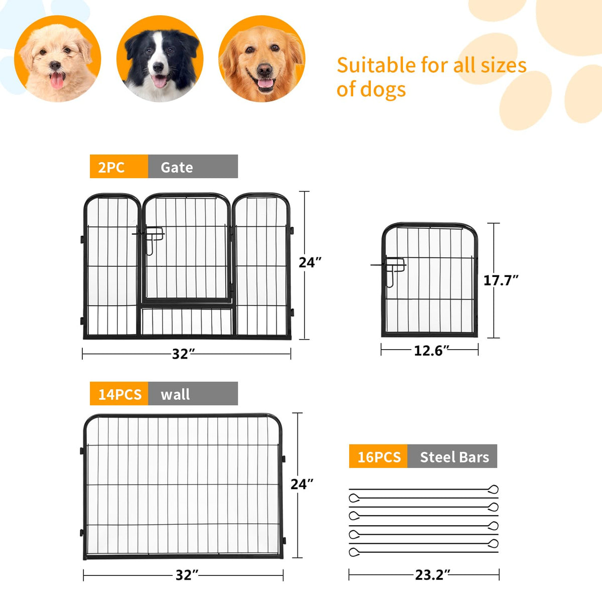 16 Panel 24 Inch Black Metal Dog Playpen I272787