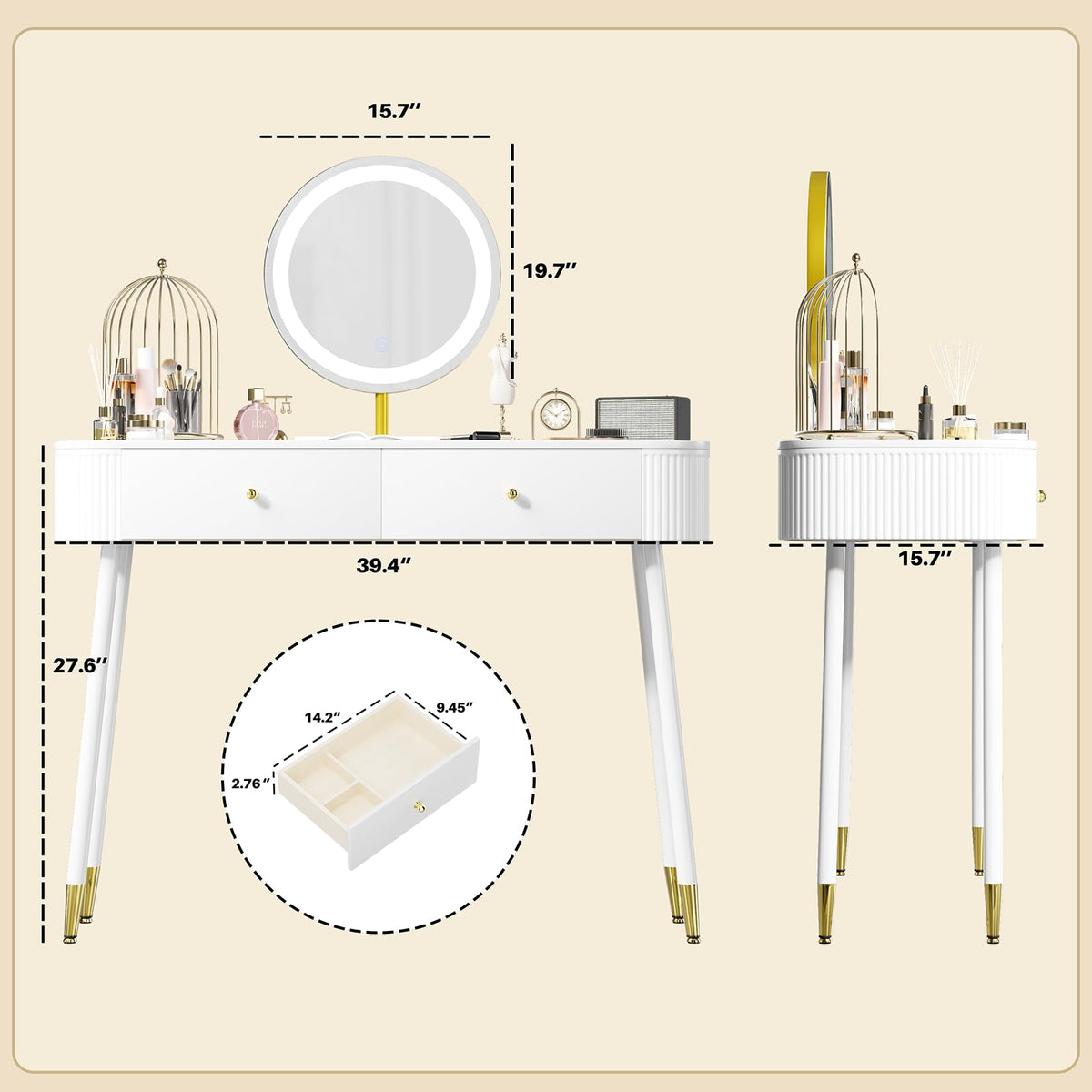 White 40" Vanity Desk with Mirror and Lights Q6418