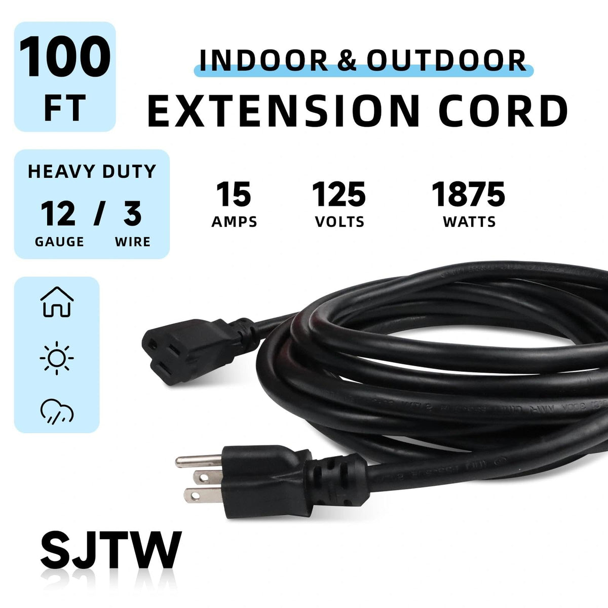 100 Ft Heavy Duty Outdoor Extension Cord, 12/3 SJTW Black 3-Prong U760