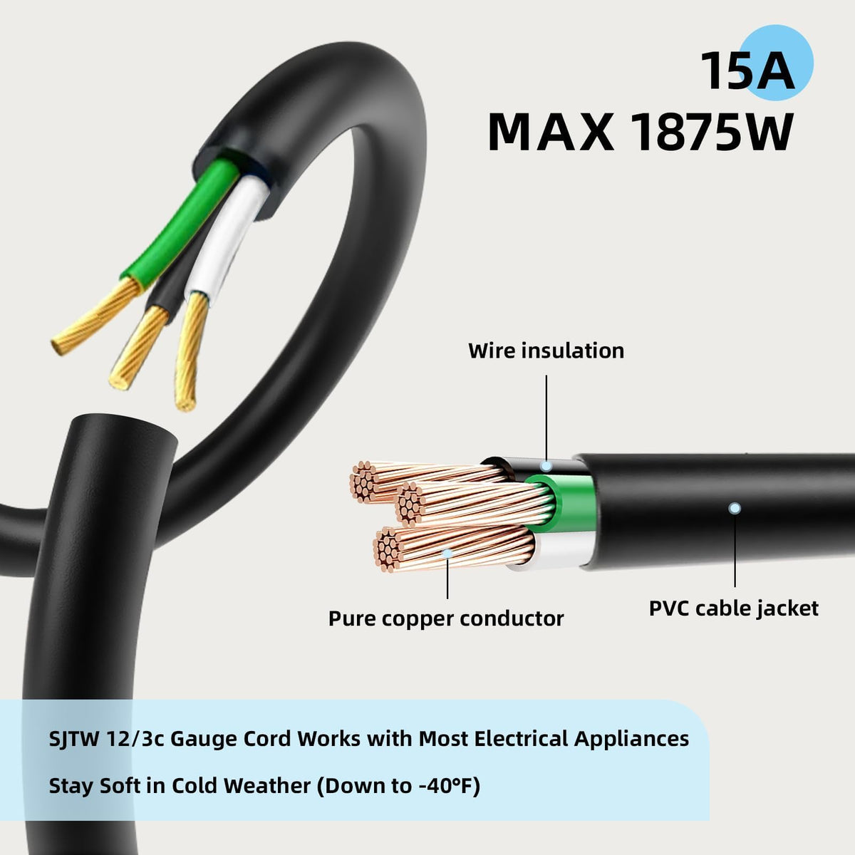 100 Ft Heavy Duty Outdoor Extension Cord, 12/3 SJTW Black 3-Prong U760