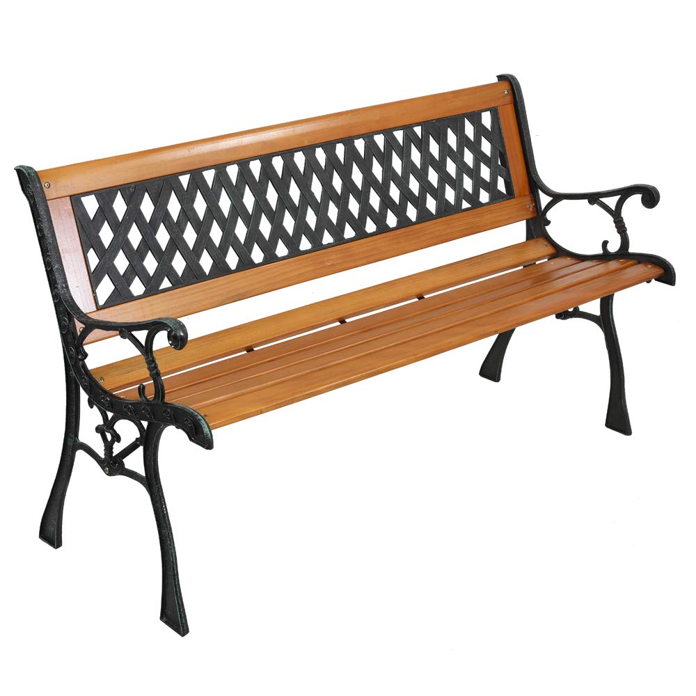 Weather Resistant Cast Iron Teak Wood 3-Person Outdoor Bench U58661