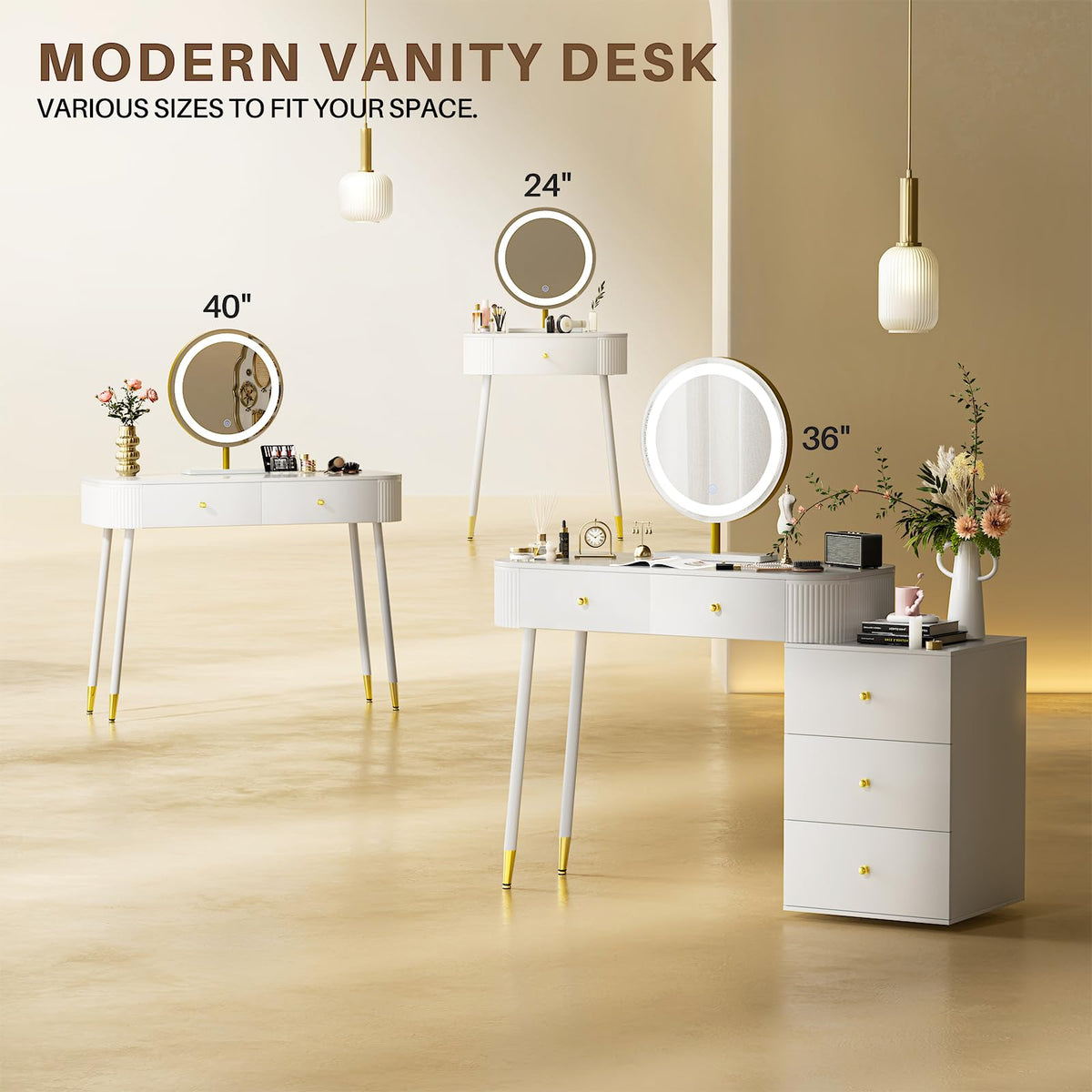 White 40" Vanity Desk with Mirror and Lights Q6418