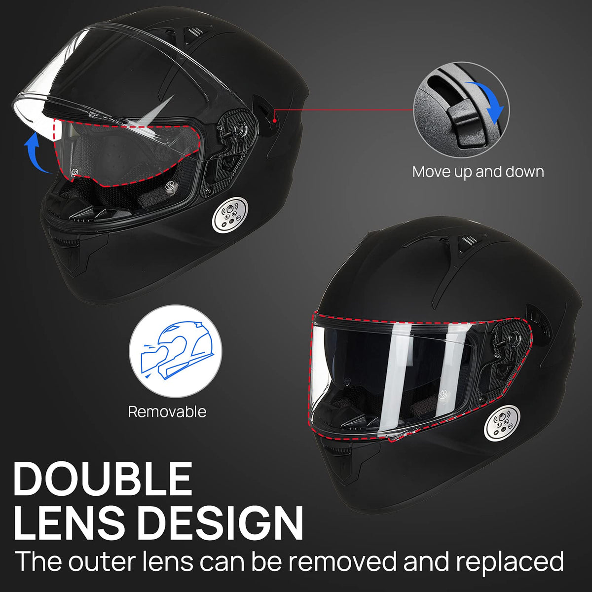 Motorcycle Helmets with Built in Bluetooth Dual Visor Matte Black S Z2960