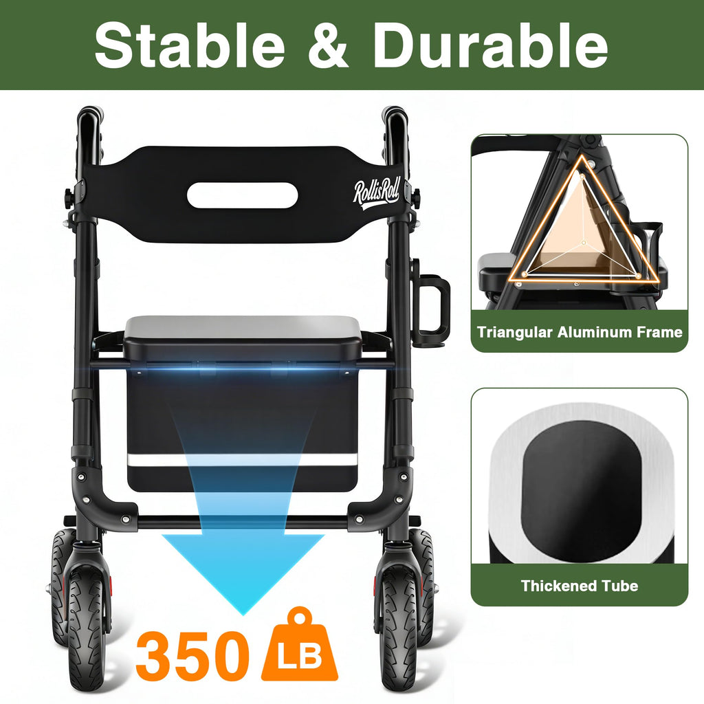 Lightweight Foldable Rollator Walker with 8" Rubber Wheels, 350lb Capacity, Black M4532