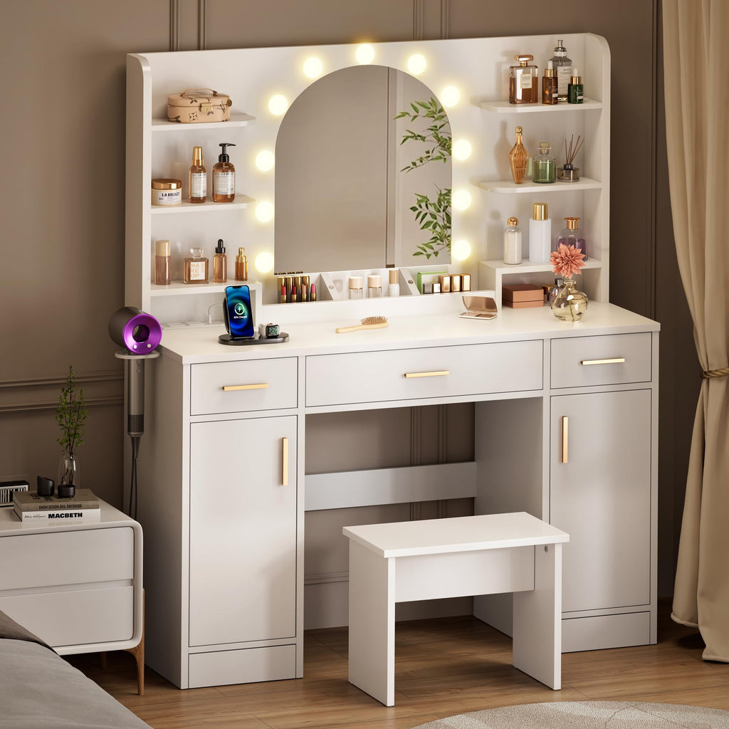 White Vanity Desk with Mirror and Lights D93470