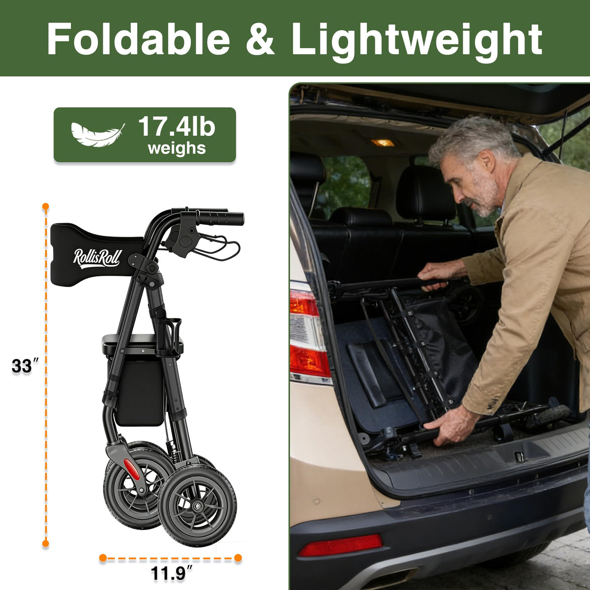 Lightweight Foldable Rollator Walker with 8" Rubber Wheels, 350lb Capacity, Black M4532