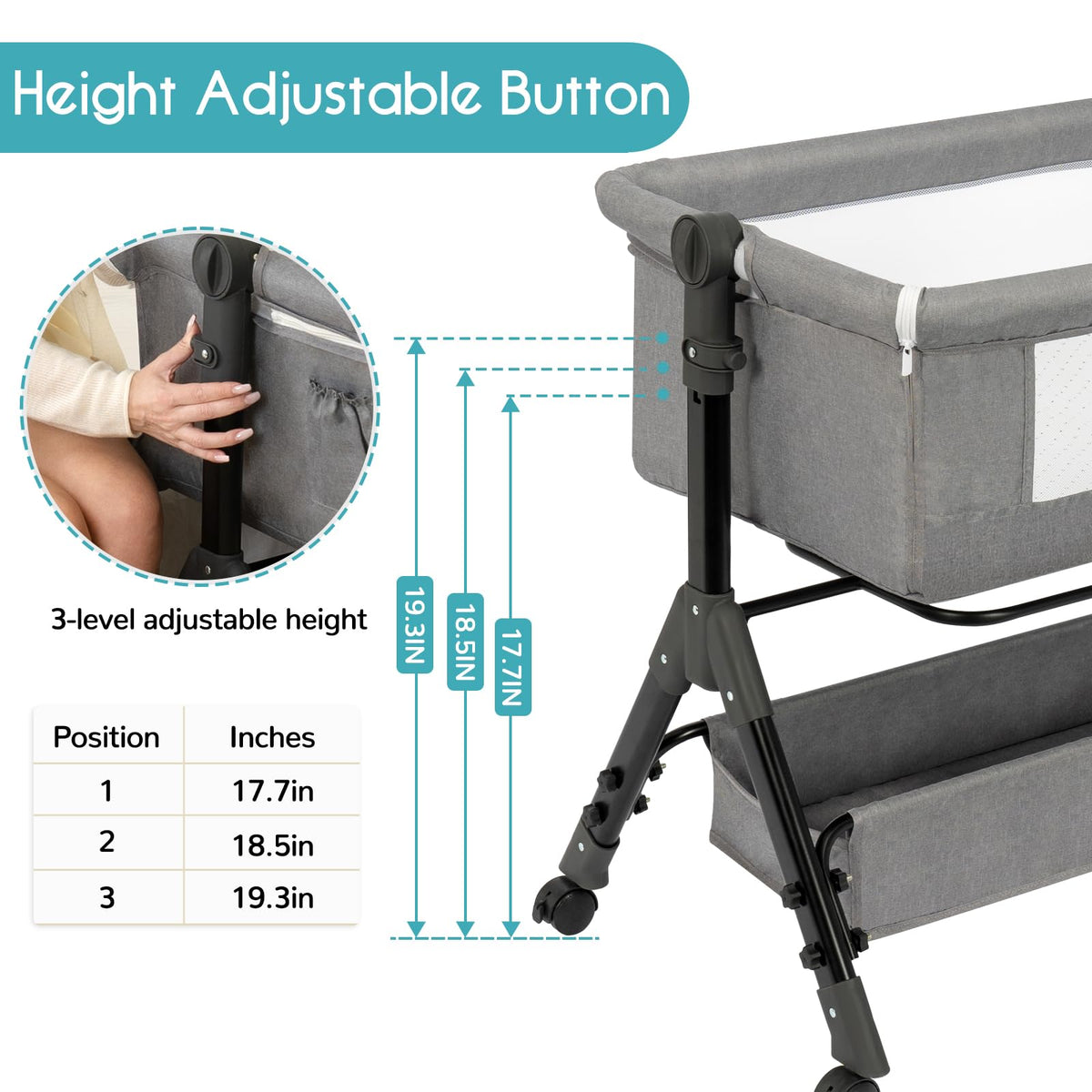 3 in 1 Adjustable Baby Bassinet with Wheels and Storage Basket S8509