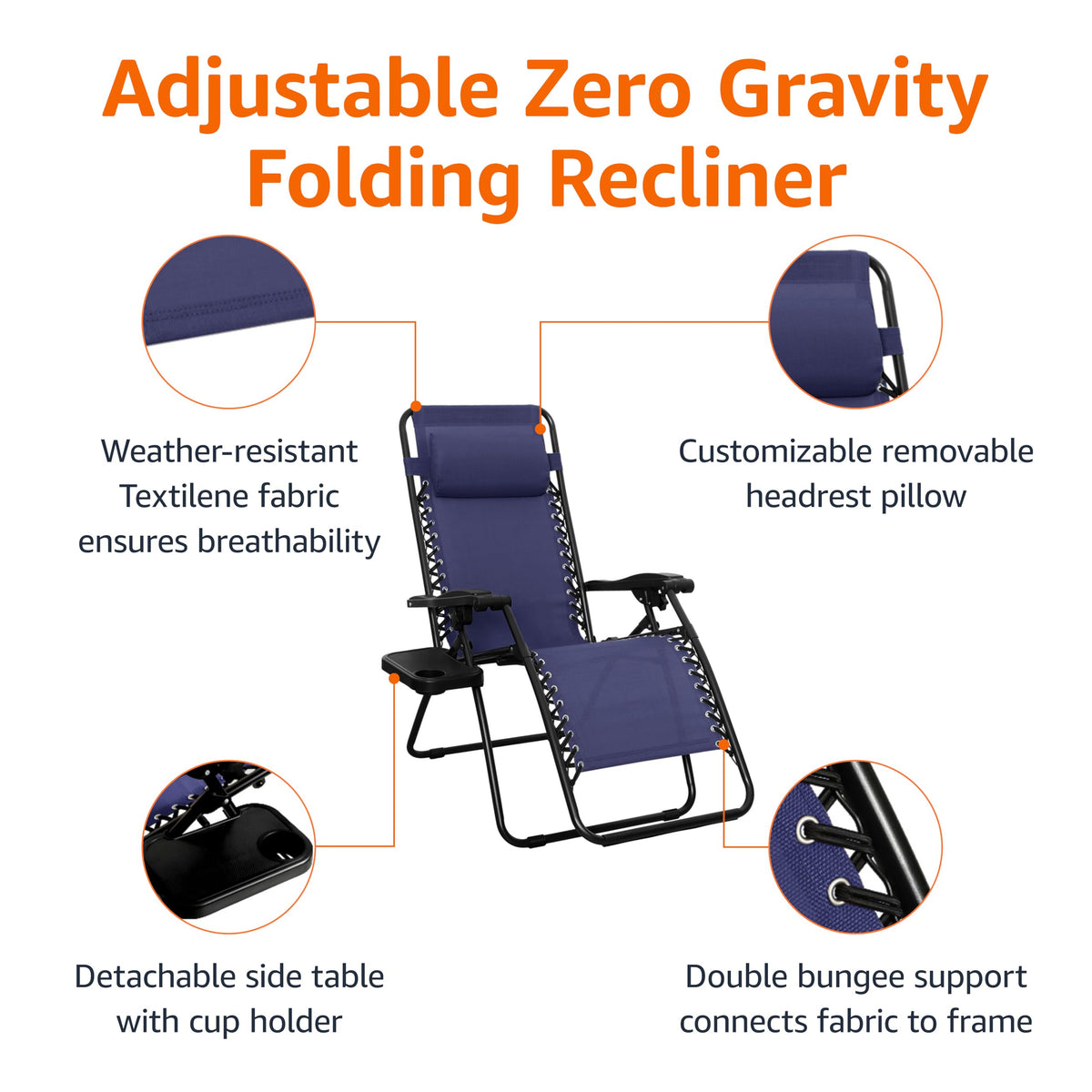 Blue Set of 2 Adjustable Zero Gravity Lounge Chair with Cup Holder P780
