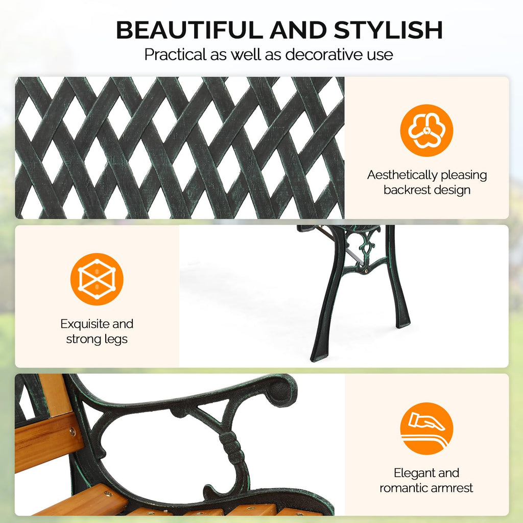 Weather Resistant Cast Iron Teak Wood 3-Person Outdoor Bench U58661