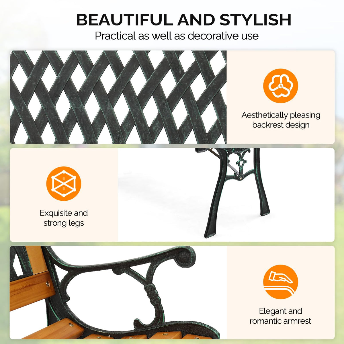 Weather Resistant Cast Iron Teak Wood 3-Person Outdoor Bench U58661