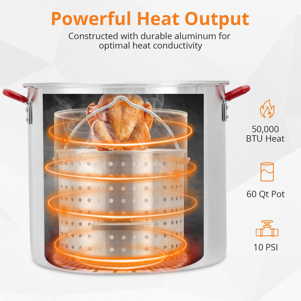 60QT Aluminum Seafood Boil Pot with Strainer Basket and Propane Burner O568660
