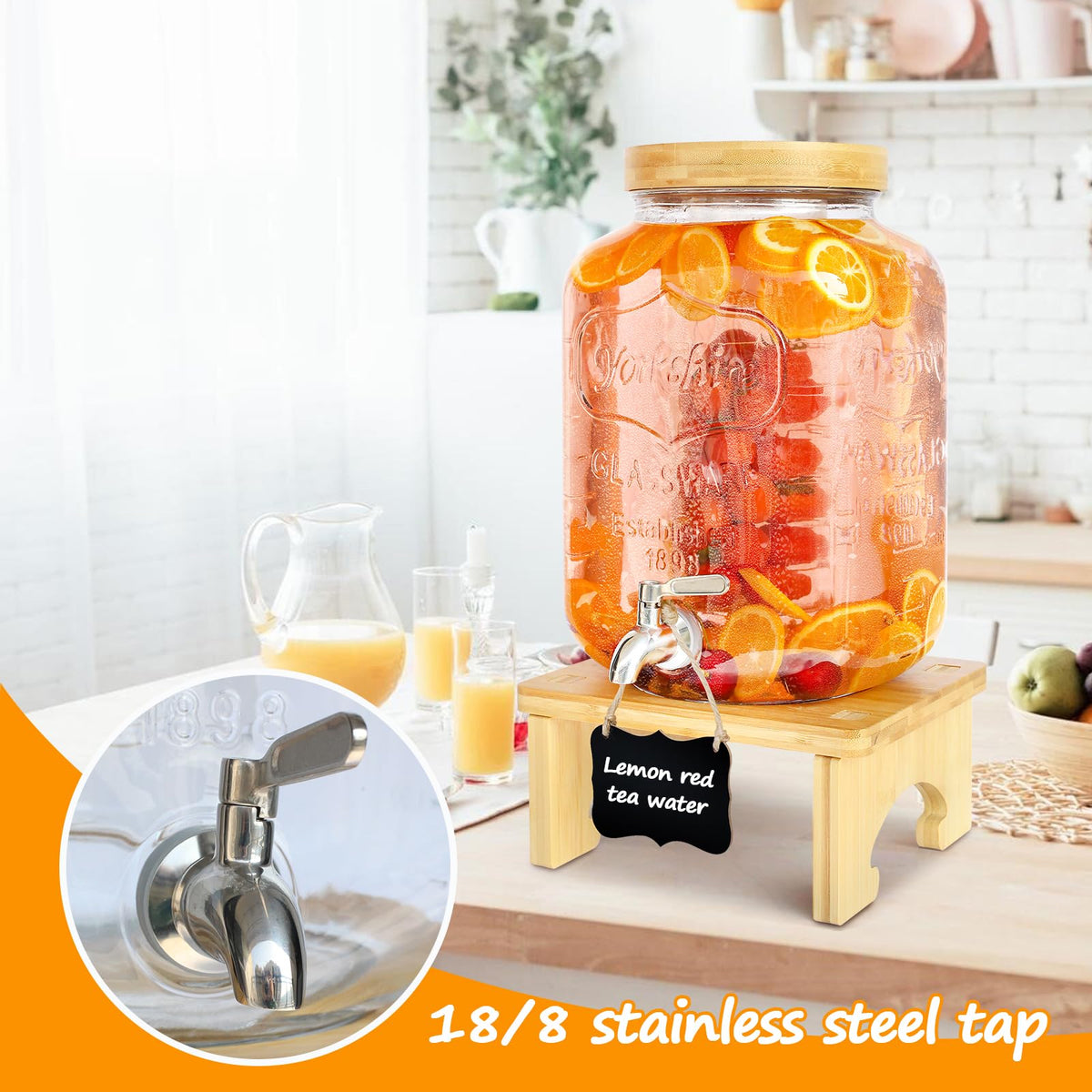 2 Gallon Glass Beverage Dispenser with Wood Stand B3656
