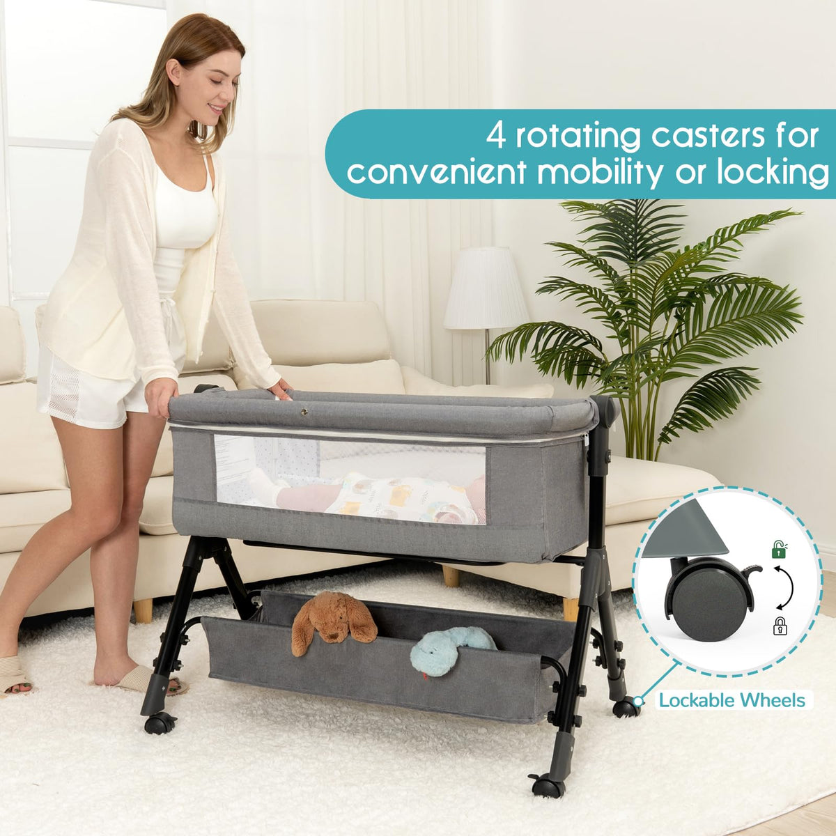 3 in 1 Adjustable Baby Bassinet with Wheels and Storage Basket S8509
