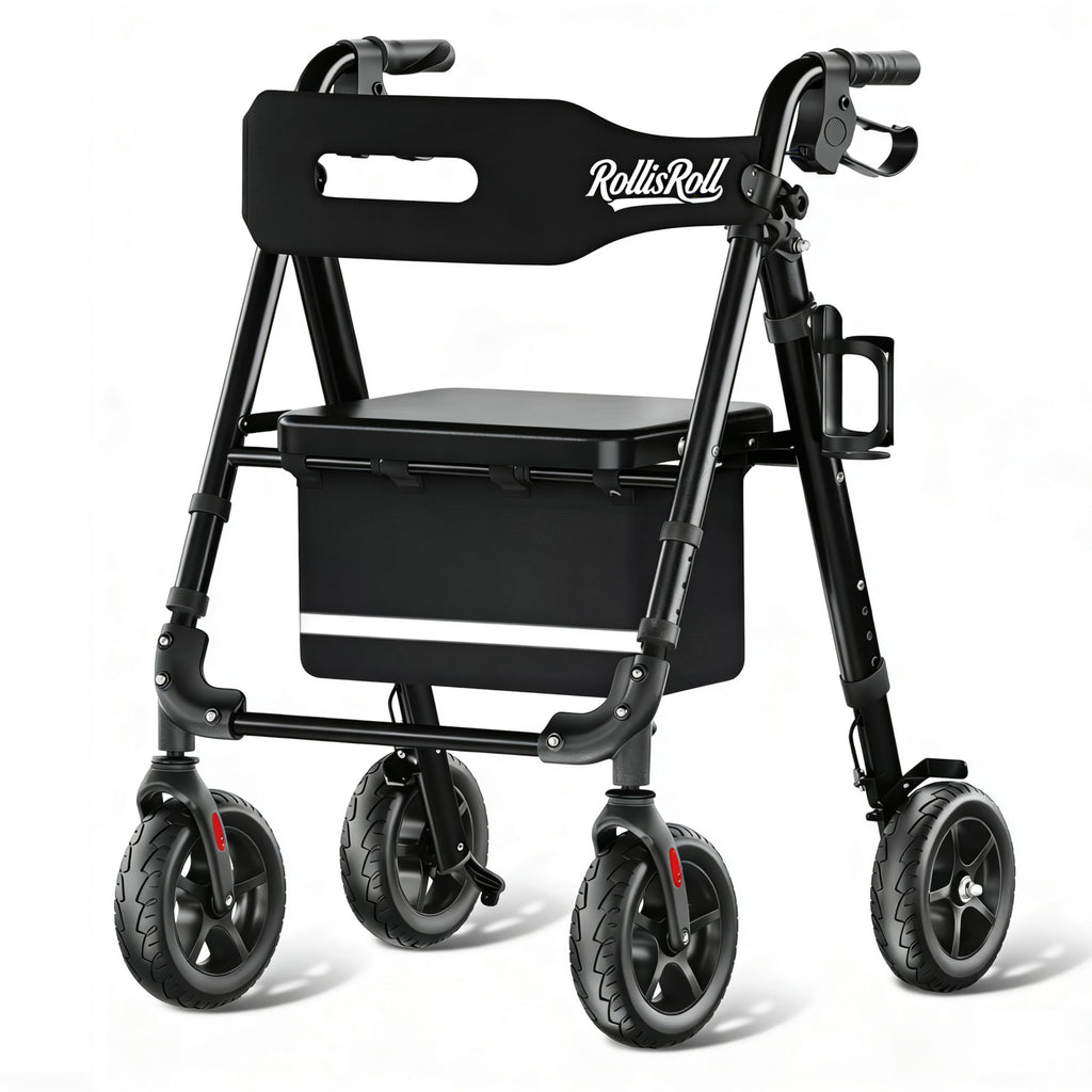 Lightweight Foldable Rollator Walker with 8" Rubber Wheels, 350lb Capacity, Black M4532