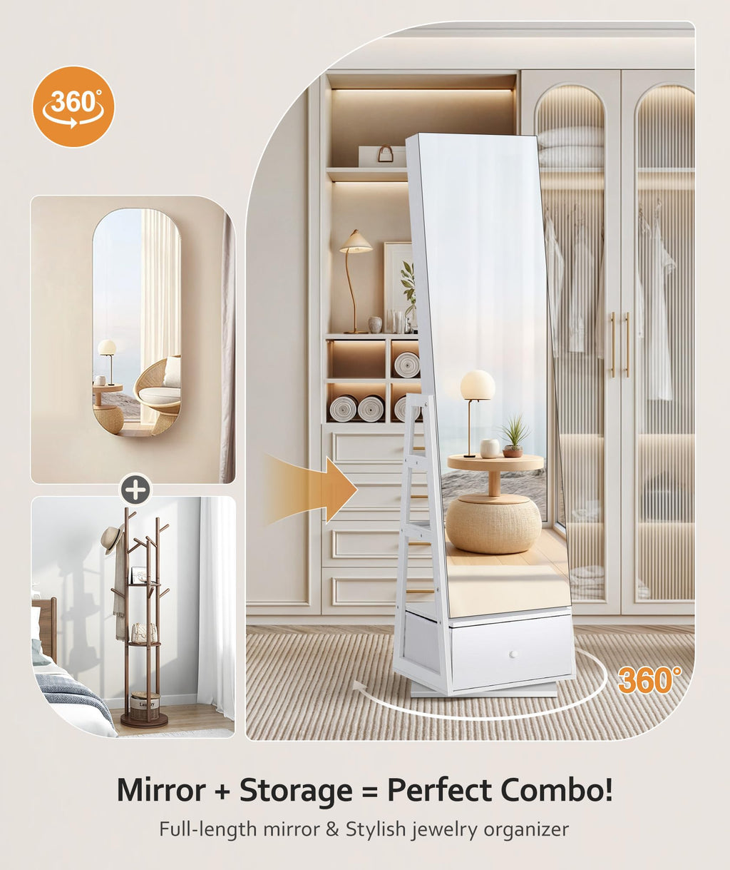 360° Swivel Lockable Jewelry Cabinet with Full Length Mirror N362