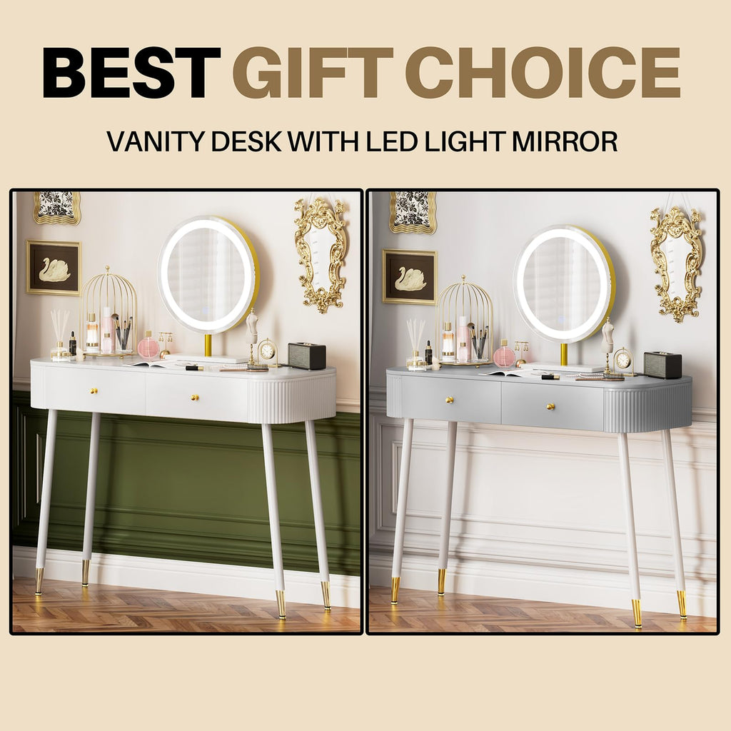 White 40" Vanity Desk with Mirror and Lights Q6418