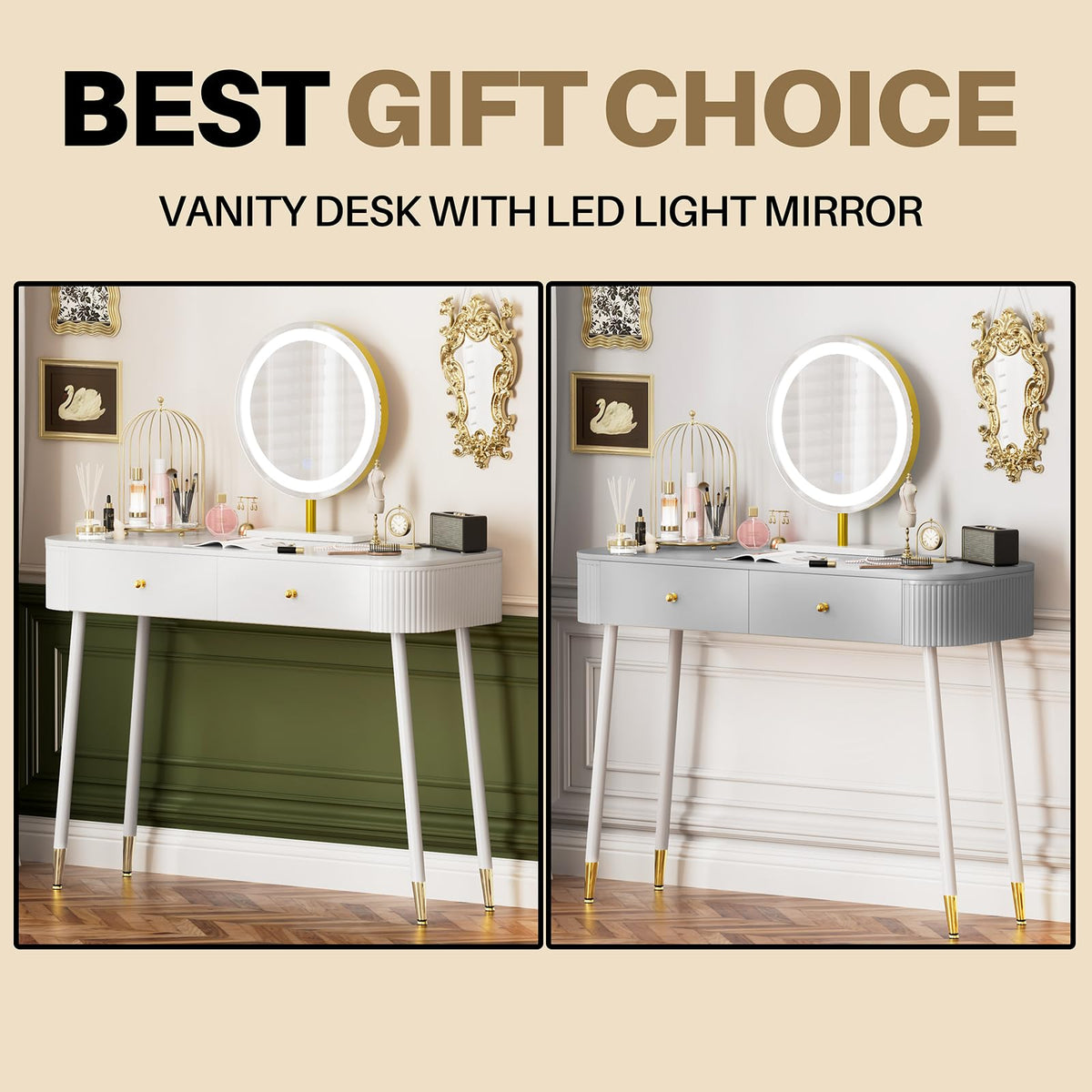 White 40" Vanity Desk with Mirror and Lights Q6418