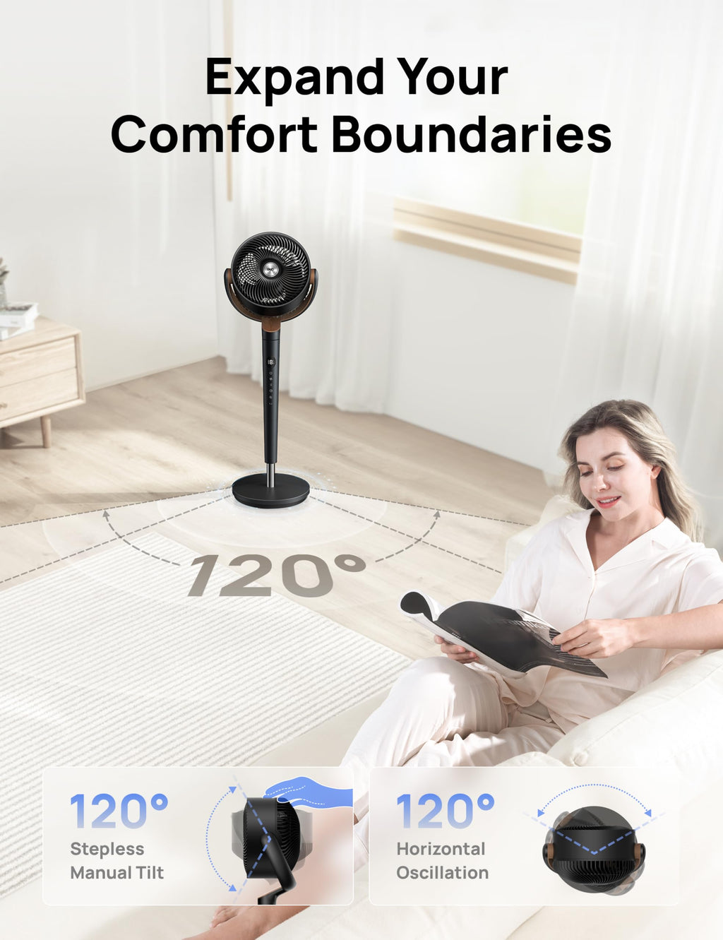 120° Oscillating Standing Fan, Quiet Floor Fan with DC Motor, 9 Speeds, 4 modes, 37-42" Adjustable Height, 9H Timer, Dark Gray M374