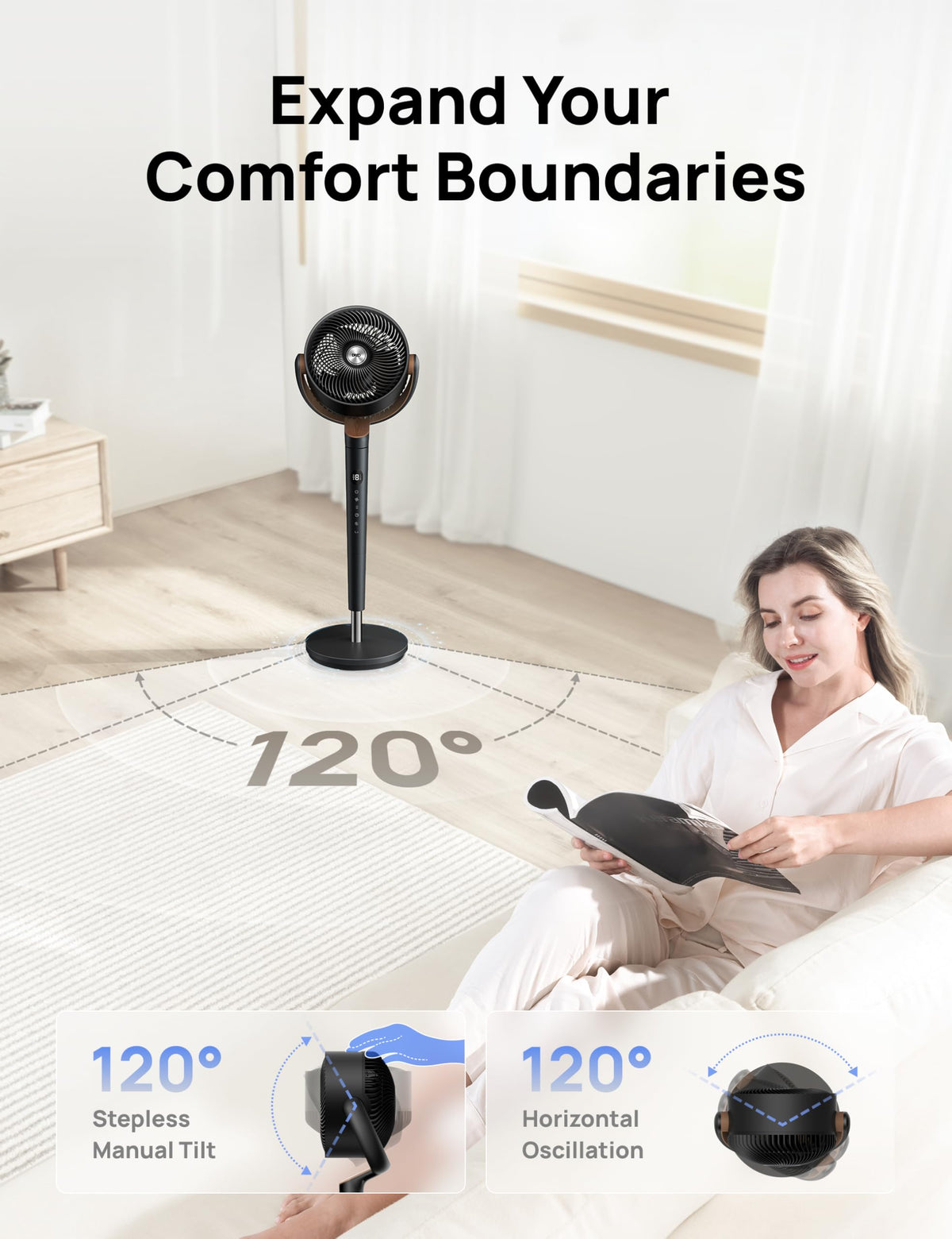 120° Oscillating Standing Fan, Quiet Floor Fan with DC Motor, 9 Speeds, 4 modes, 37-42" Adjustable Height, 9H Timer, Dark Gray M374