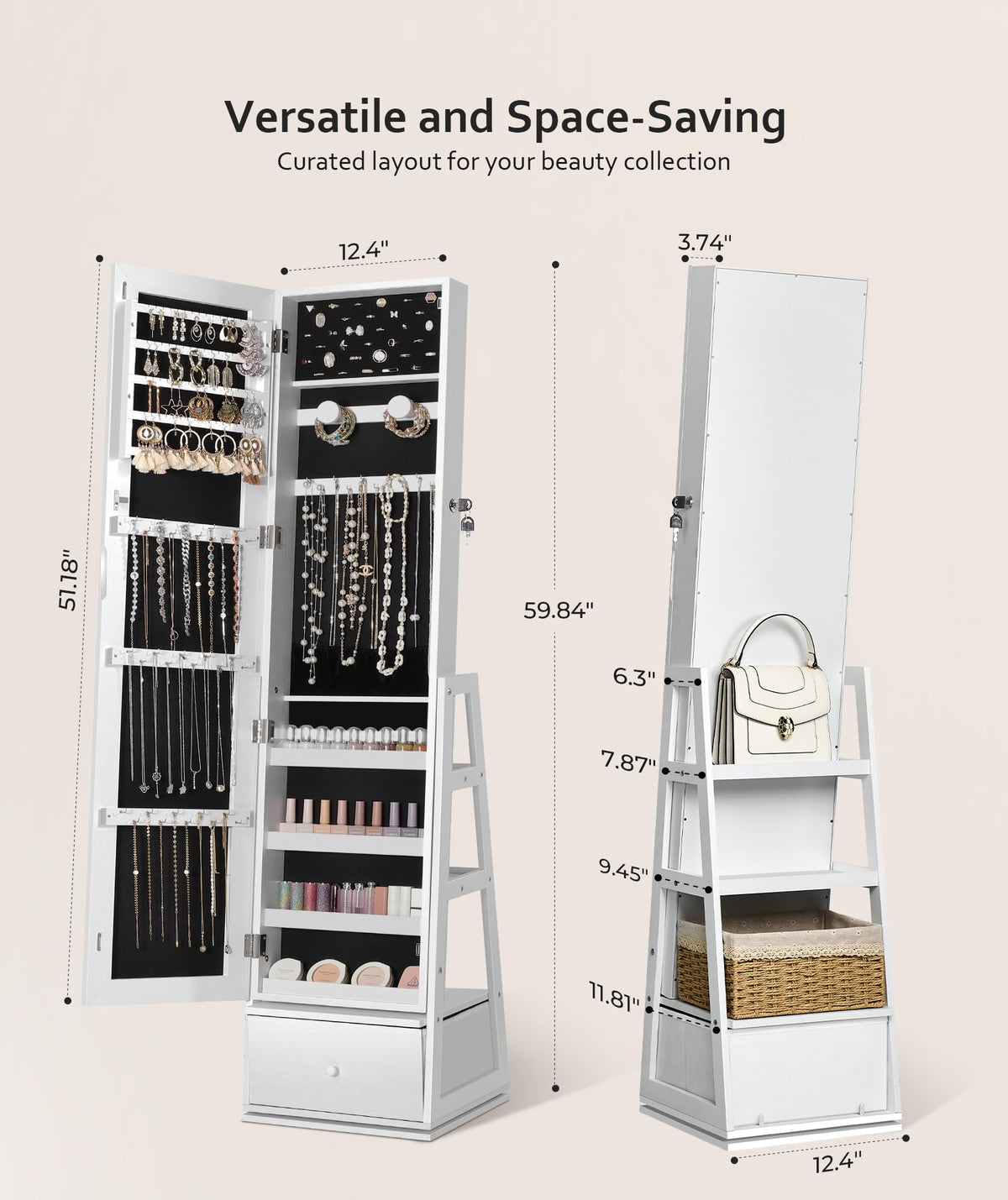 360° Swivel Lockable Jewelry Cabinet with Full Length Mirror N362