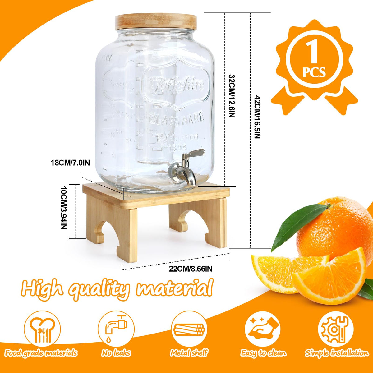 2 Gallon Glass Beverage Dispenser with Wood Stand B3656