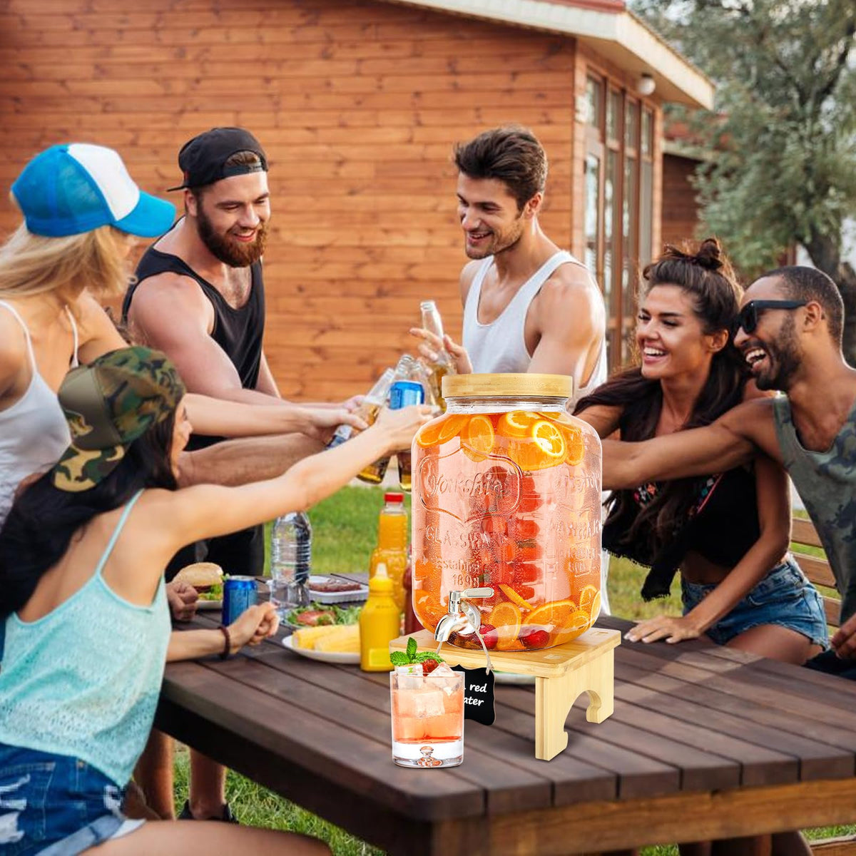 2 Gallon Glass Beverage Dispenser with Wood Stand B3656