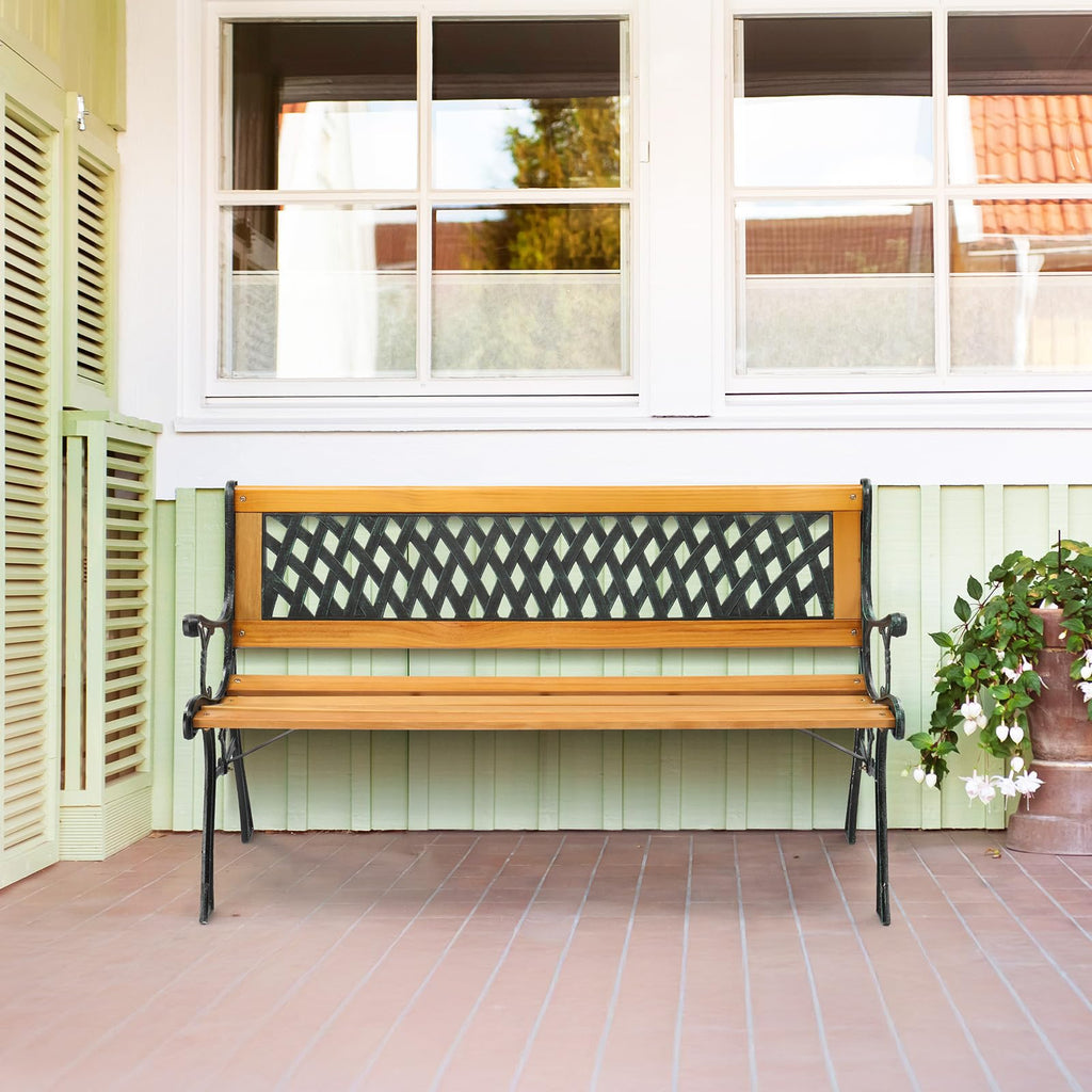Weather Resistant Cast Iron Teak Wood 3-Person Outdoor Bench U58661