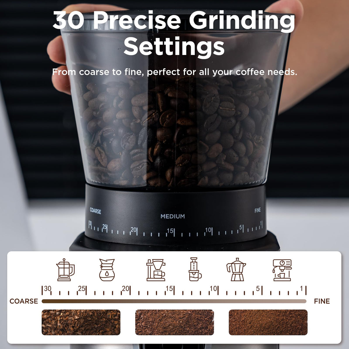 Electric Conical Burr Coffee Grinder with 30 Adjustable Grind Settings X5103