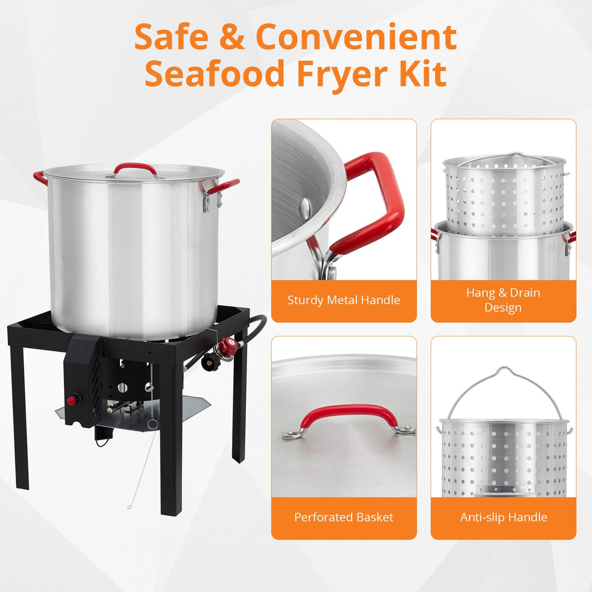 60QT Aluminum Seafood Boil Pot with Strainer Basket and Propane Burner O568660