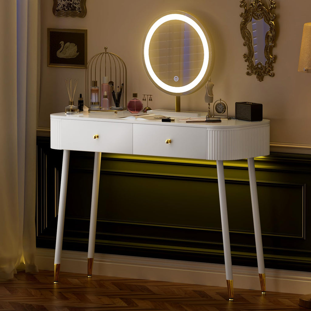 White 40" Vanity Desk with Mirror and Lights Q6418