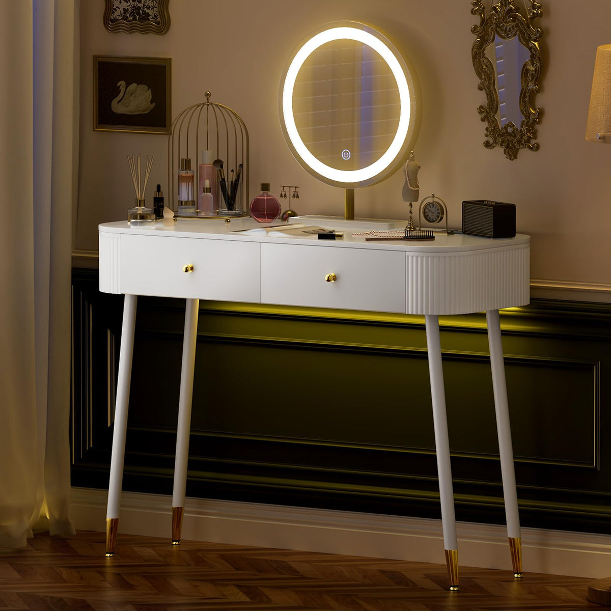 White 40" Vanity Desk with Mirror and Lights Q6418
