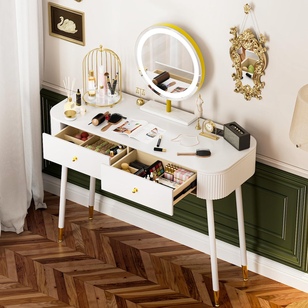 White 40" Vanity Desk with Mirror and Lights Q6418
