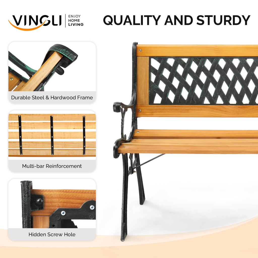 Weather Resistant Cast Iron Teak Wood 3-Person Outdoor Bench U58661