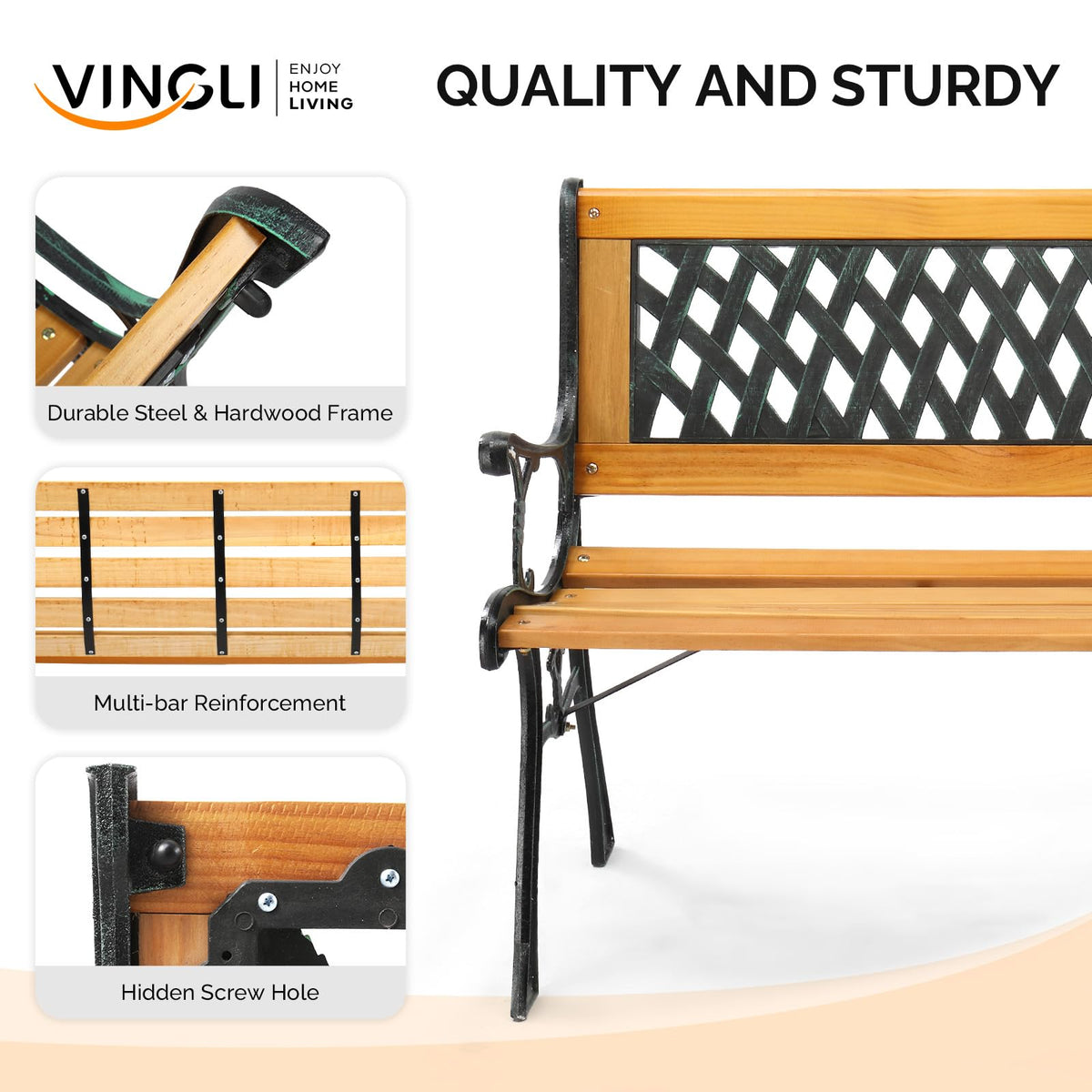 Weather Resistant Cast Iron Teak Wood 3-Person Outdoor Bench U58661