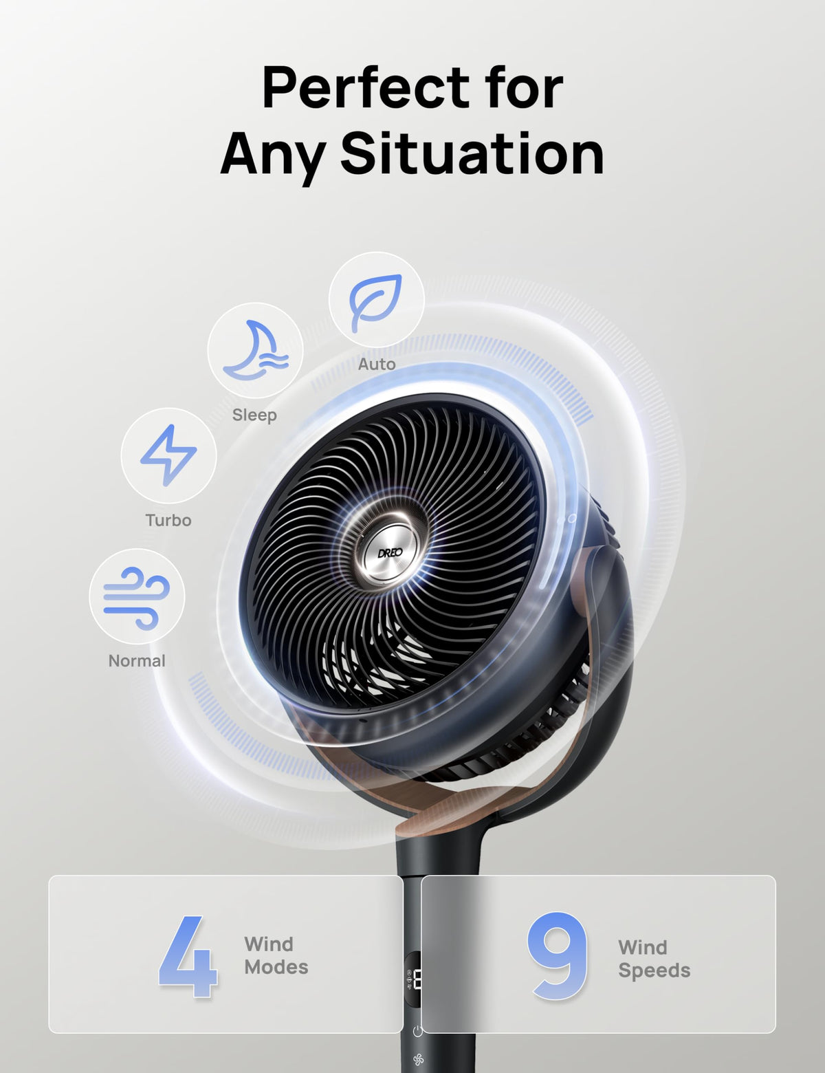 120° Oscillating Standing Fan, Quiet Floor Fan with DC Motor, 9 Speeds, 4 modes, 37-42" Adjustable Height, 9H Timer, Dark Gray M374