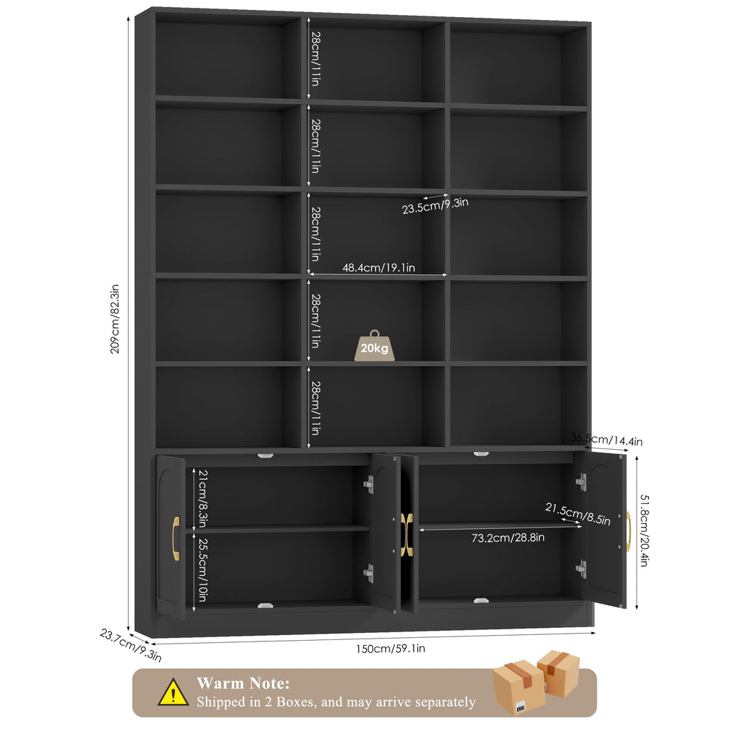 82.3" Triple Wide Bookshelf with 4 Doors, Black C62476