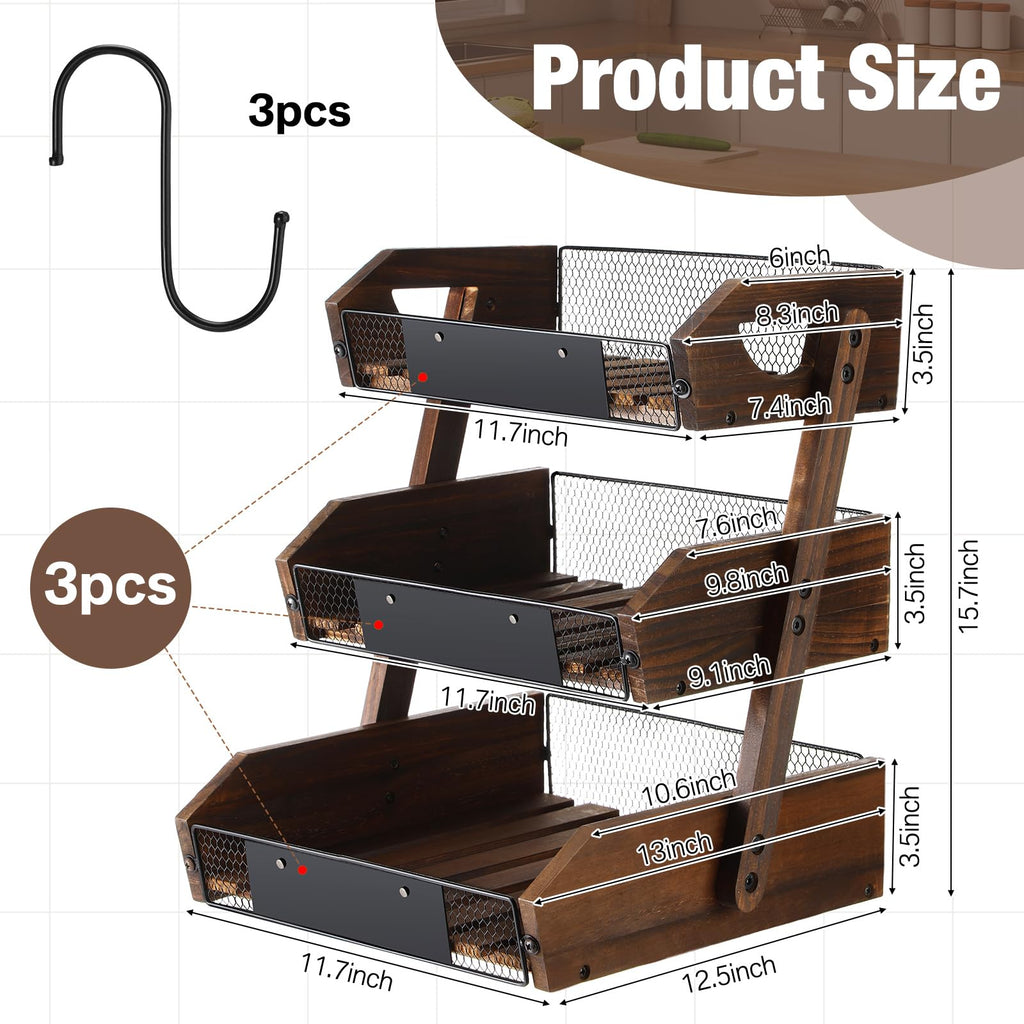 3 Tier Wooden Fruit Basket with Banana Hangers Y180
