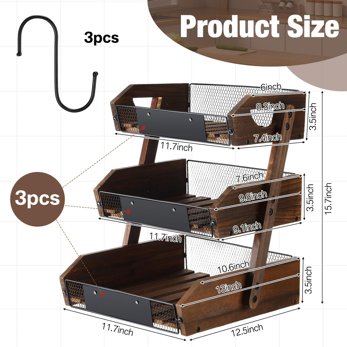 3 Tier Wooden Fruit Basket with Banana Hangers Y180