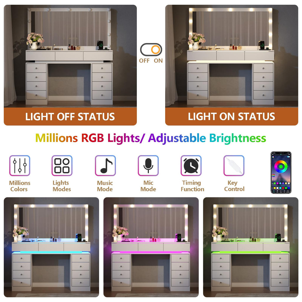 White Vanity Desk with Mirror and Lights G466238
