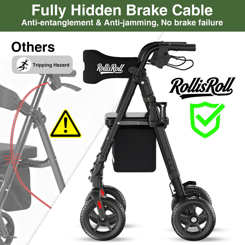 Lightweight Foldable Rollator Walker with 8" Rubber Wheels, 350lb Capacity, Black M4532