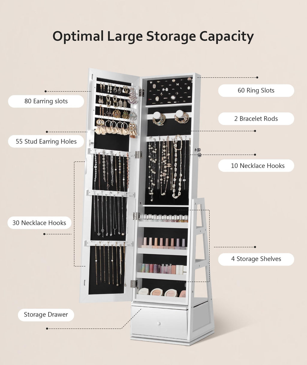 360° Swivel Lockable Jewelry Cabinet with Full Length Mirror N362