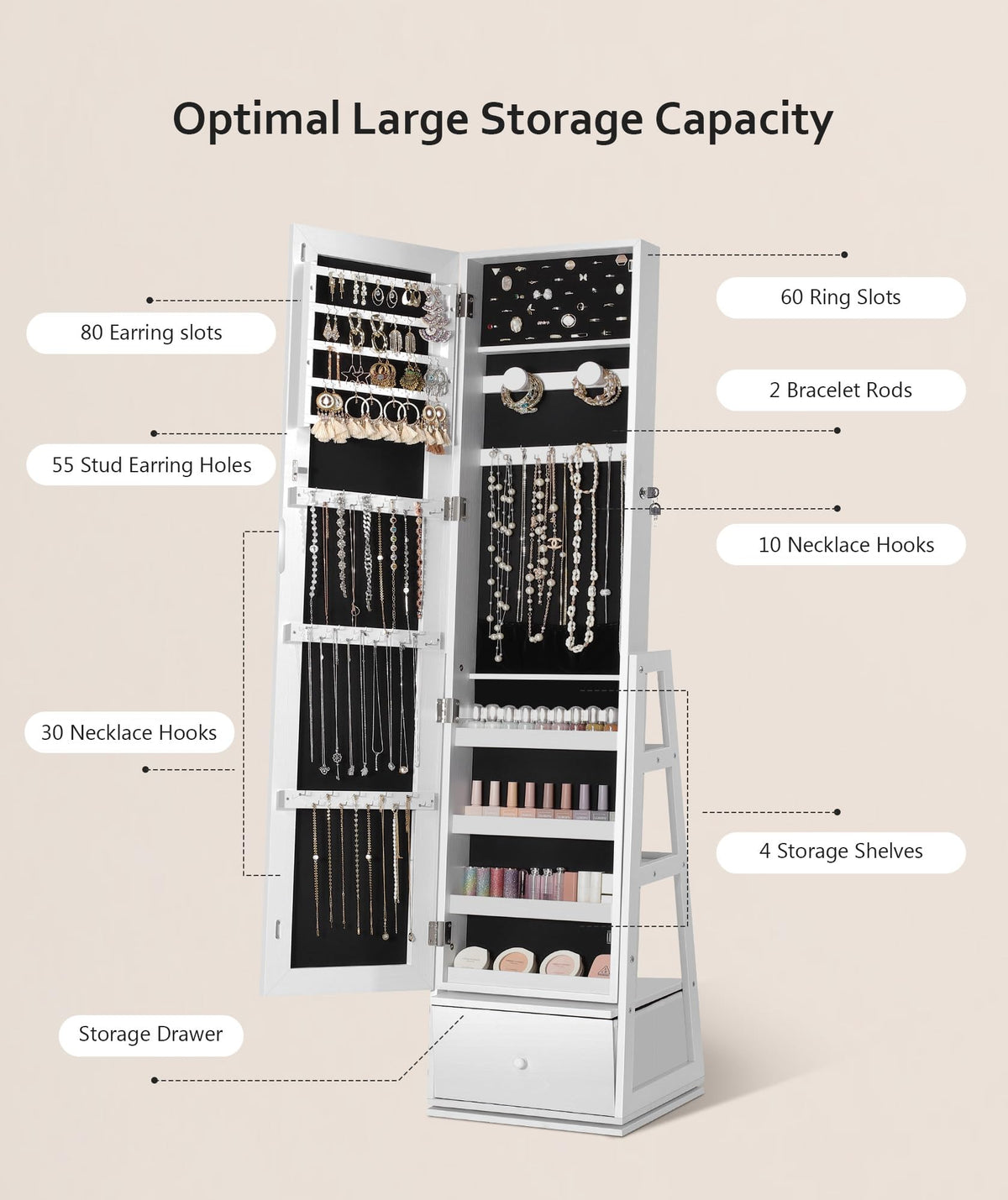 360° Swivel Lockable Jewelry Cabinet with Full Length Mirror N362
