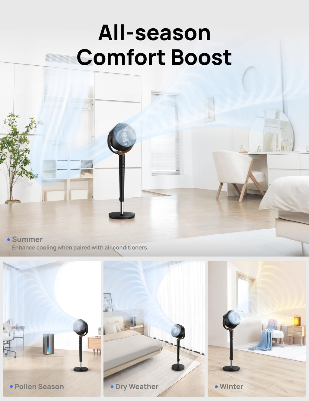 120° Oscillating Standing Fan, Quiet Floor Fan with DC Motor, 9 Speeds, 4 modes, 37-42" Adjustable Height, 9H Timer, Dark Gray M374