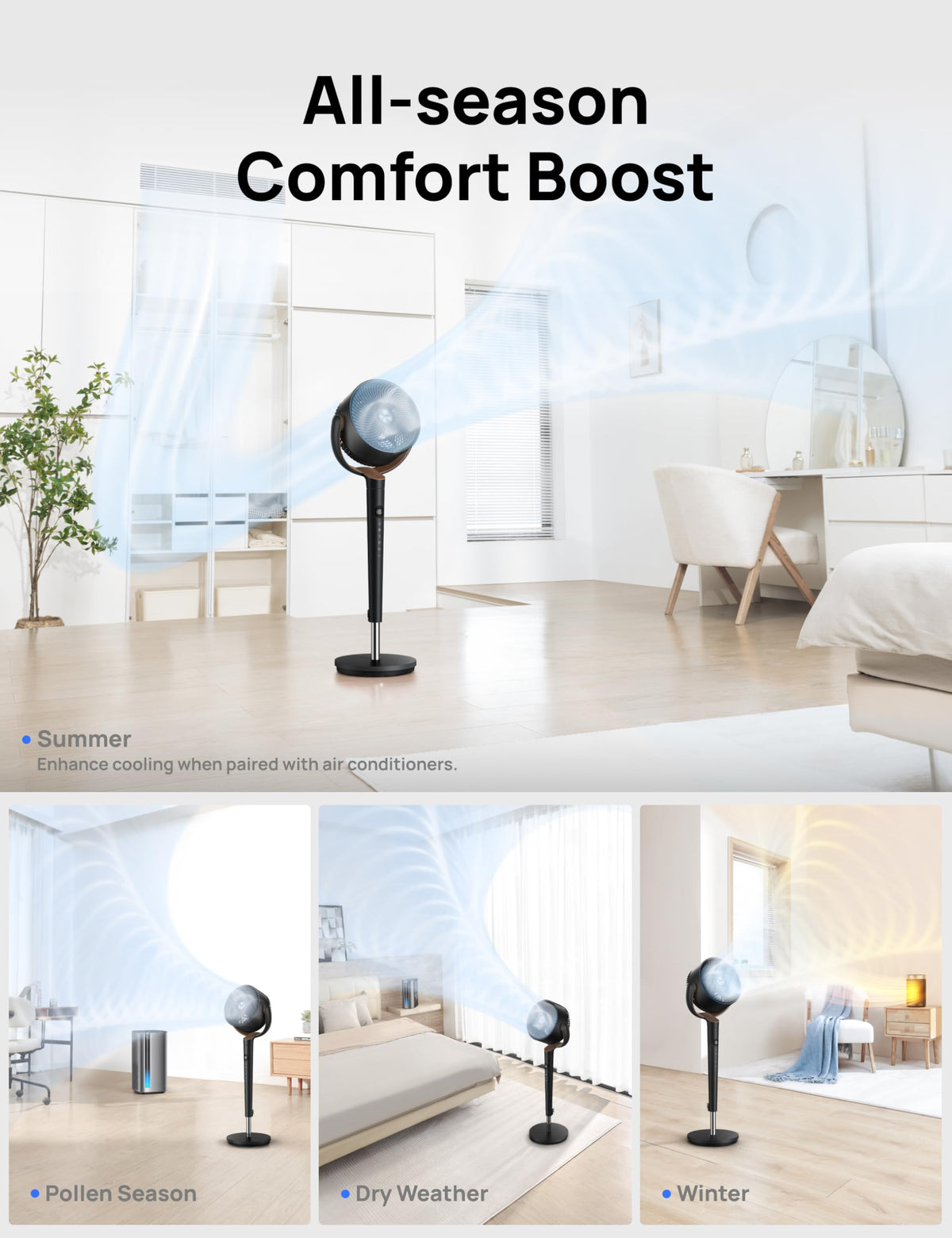 120° Oscillating Standing Fan, Quiet Floor Fan with DC Motor, 9 Speeds, 4 modes, 37-42" Adjustable Height, 9H Timer, Dark Gray M374