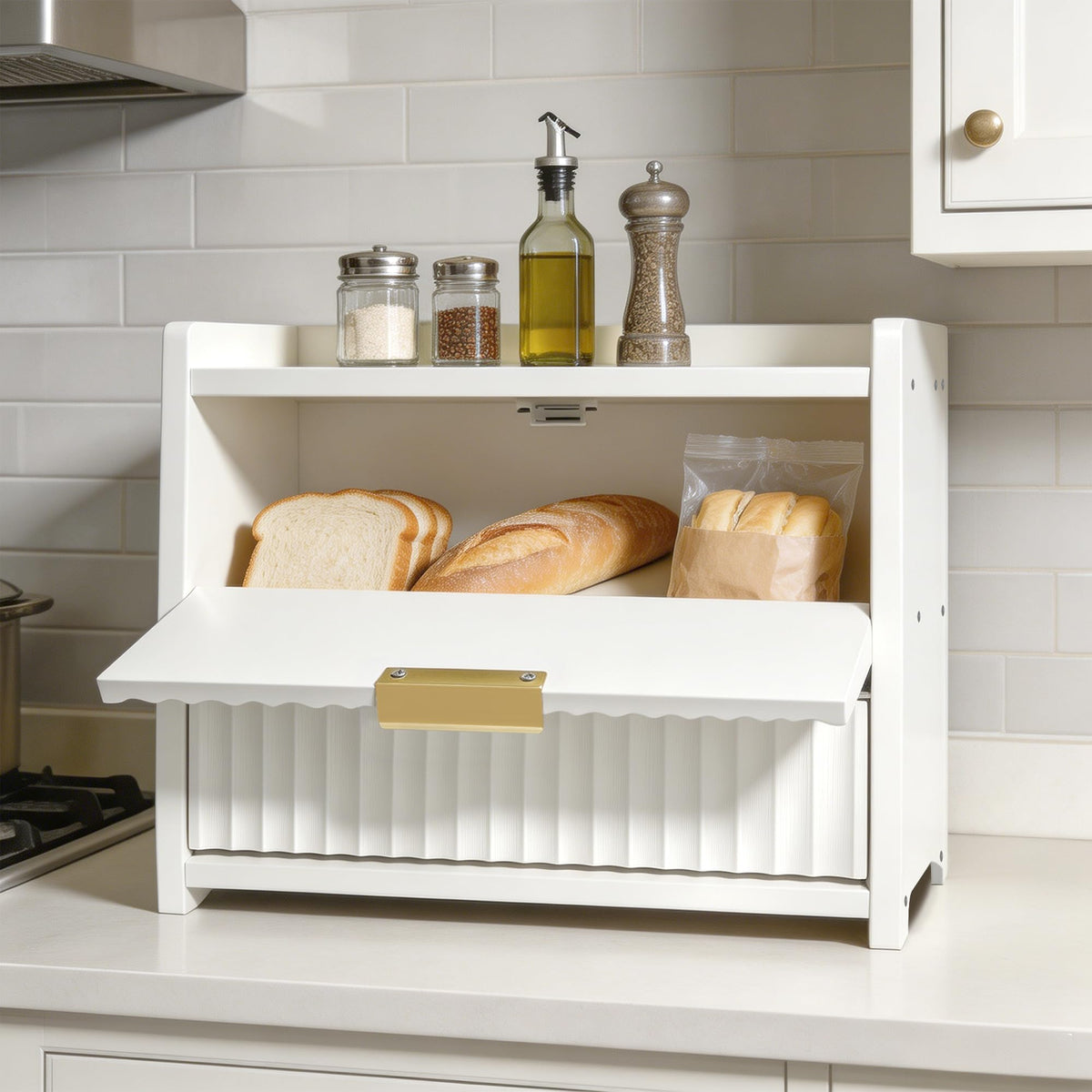White Double Layer Wooden Bread Box Z73303