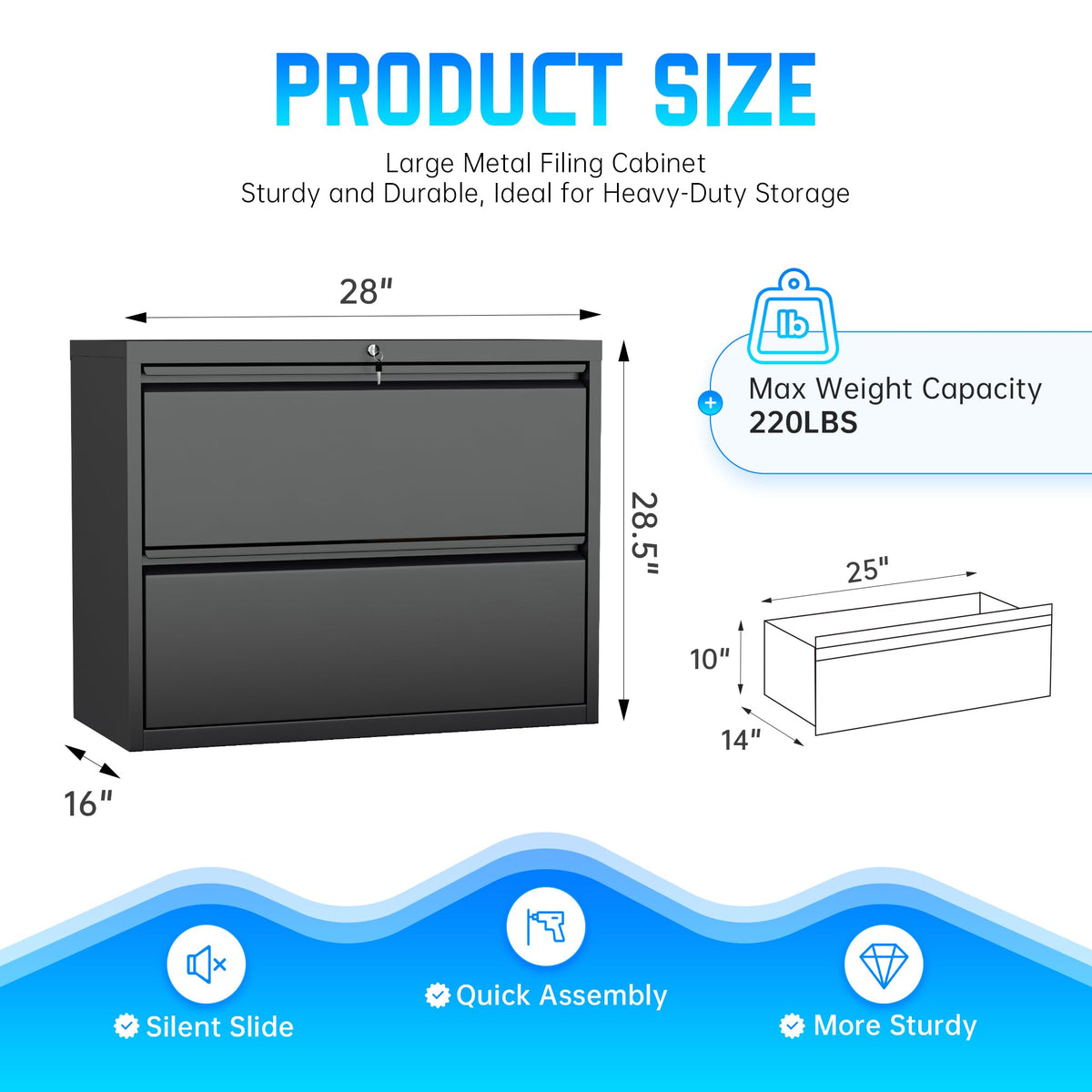 Black 2 Drawer Metal File Cabinet with Lock O158
