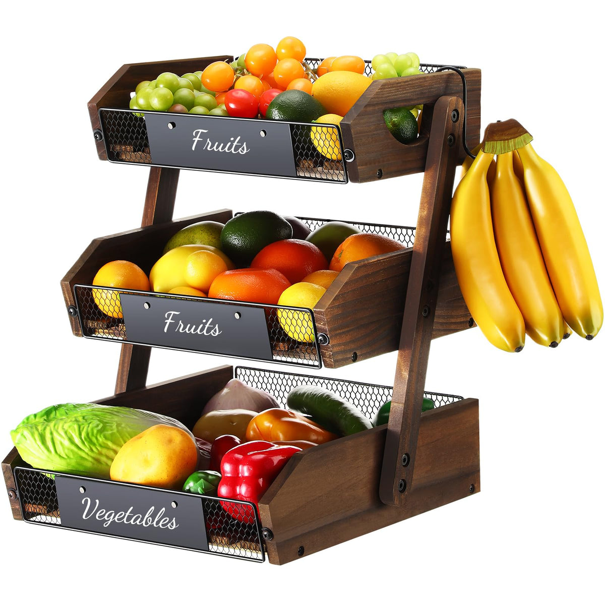 3 Tier Wooden Fruit Basket with Banana Hangers Y180