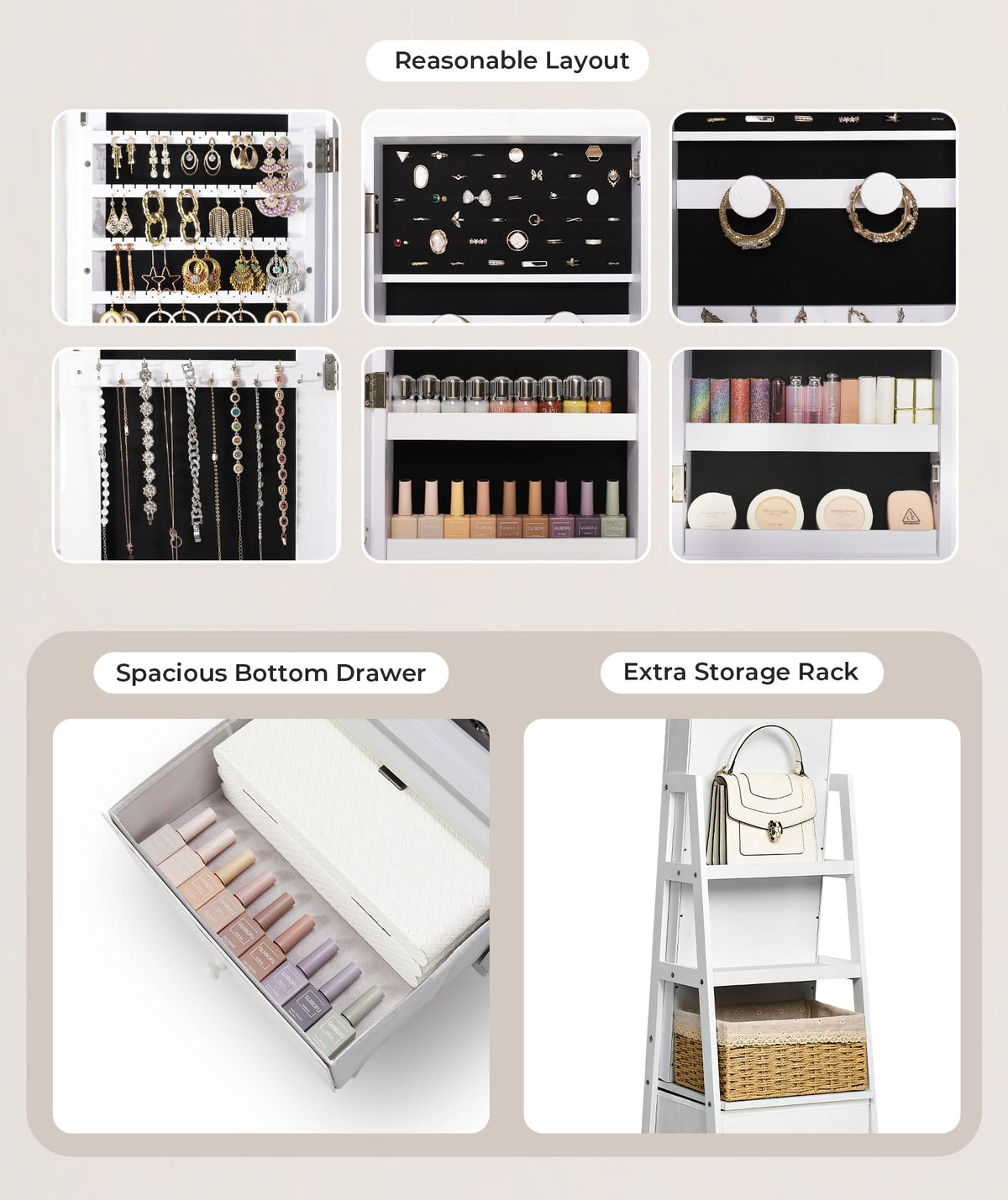 360° Swivel Lockable Jewelry Cabinet with Full Length Mirror N362