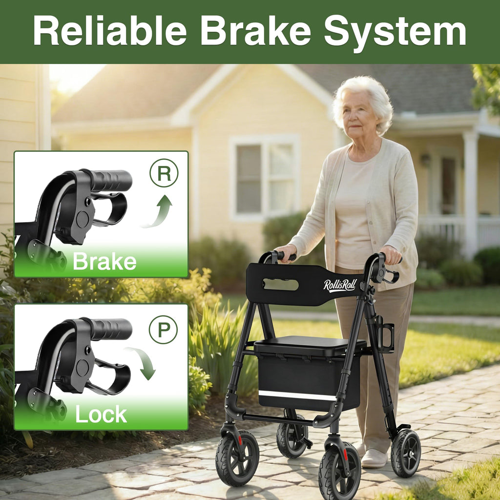 Lightweight Foldable Rollator Walker with 8" Rubber Wheels, 350lb Capacity, Black M4532